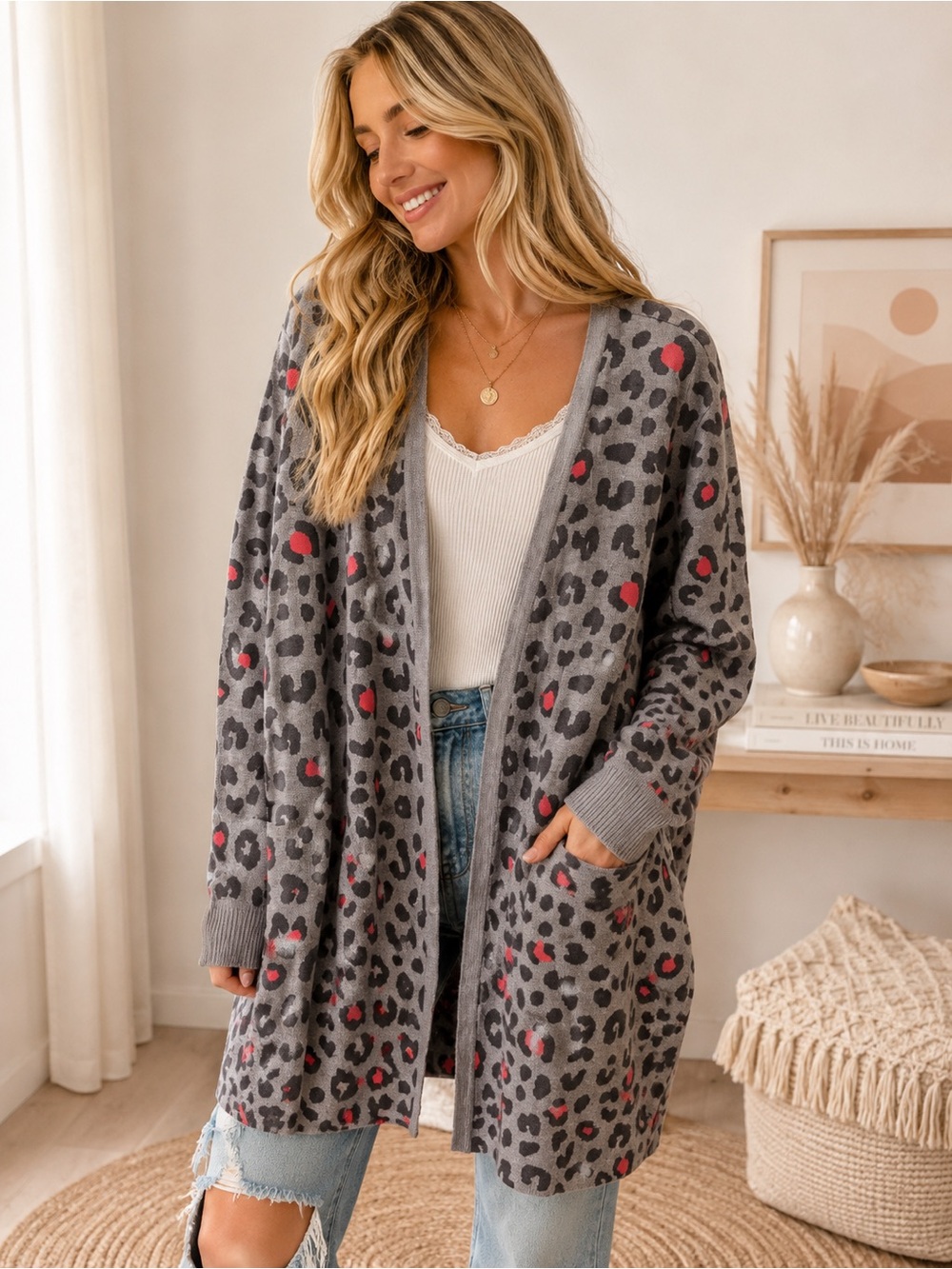 Sugarhill Brighton Grey Leopard Print Open-Front Cardigan with Orange Accents